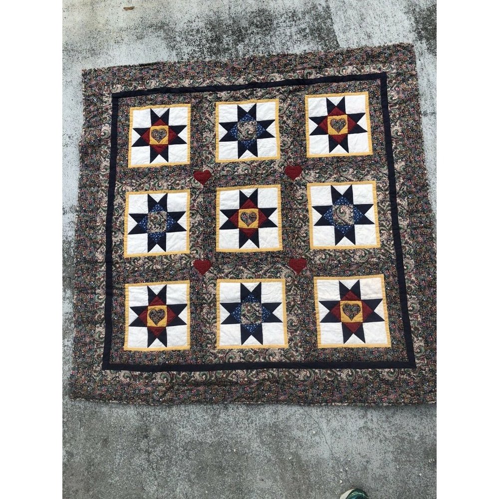 Florida Quilt Heritage. Handmade Star Paisley Patchwork in Navy, Red & Cream